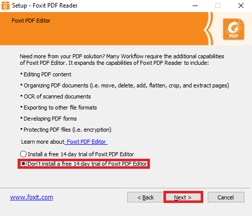 "Don’t install a free 15-day trial of Foxit PDF Editor"