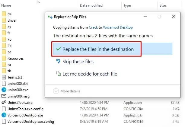 Nhấn vào "Replace the files in the destination"